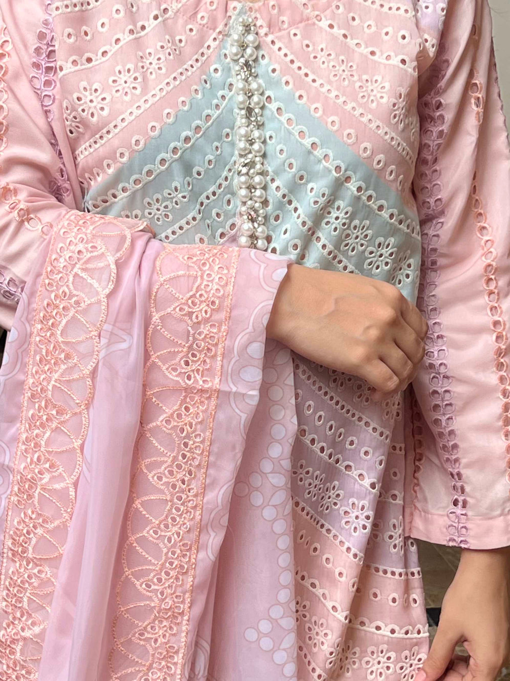 Pastel Gul : Pink and Mint Schiffli Embroidered Suit with Pearl Detail
