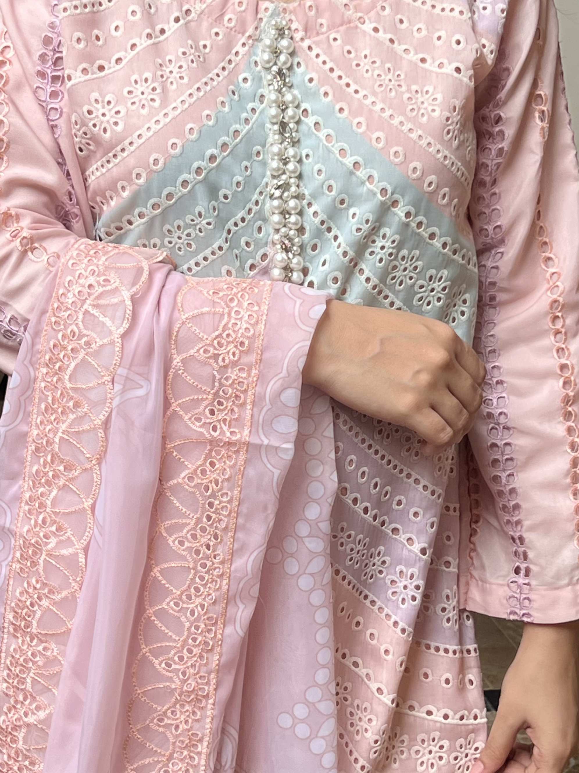 Pastel Gul : Pink and Mint Schiffli Embroidered Suit with Pearl Detail