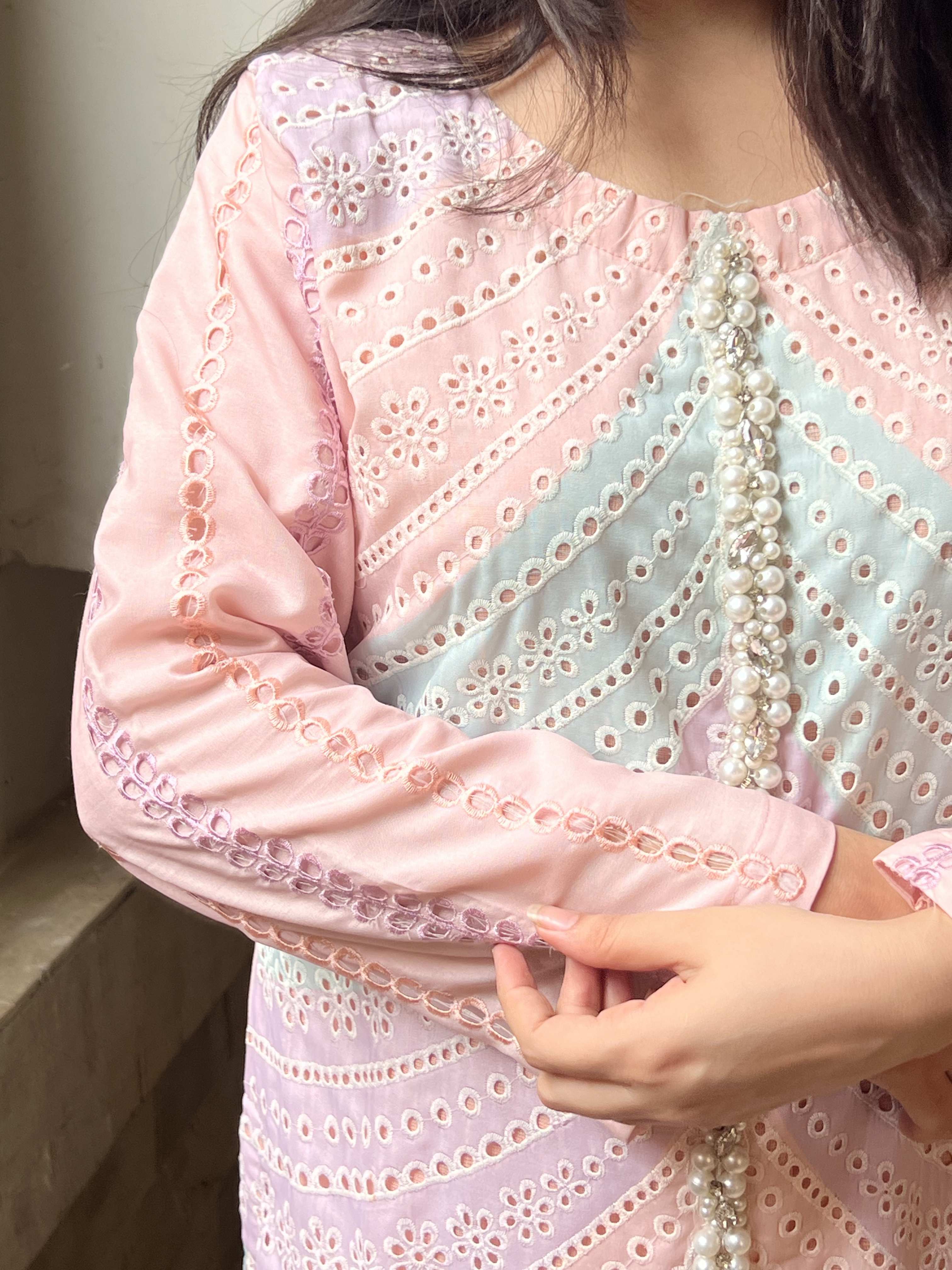 Pastel Gul : Pink and Mint Schiffli Embroidered Suit with Pearl Detail